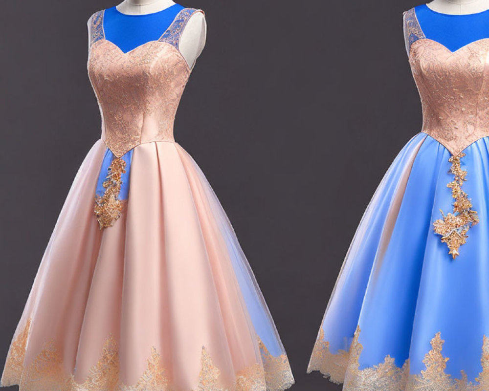 Mannequins in Sleeveless Lace Dresses: Pink and Blue with Golden Embroidery