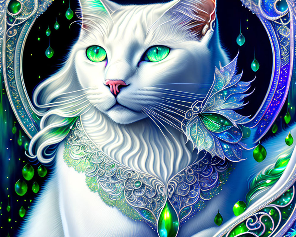 Colorful Digital Art: White Cat with Green Eyes and Ornate Jewelry