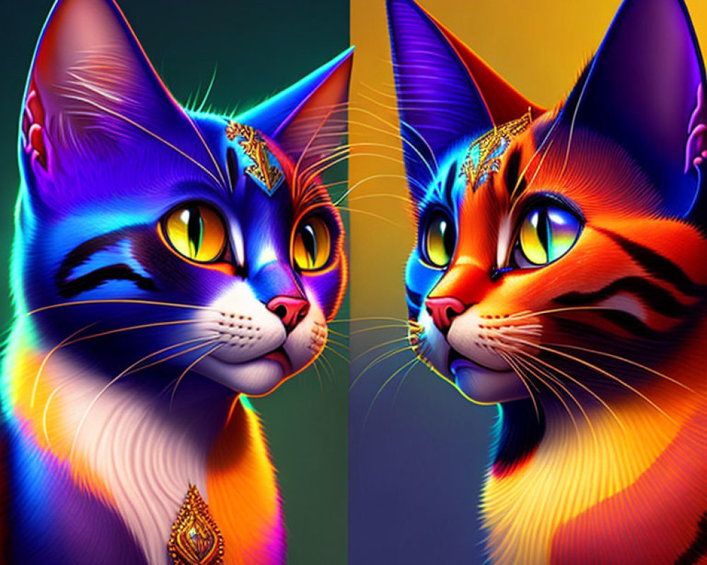 Vibrantly colored digital art cats with intricate designs and neon hues