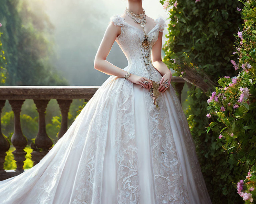 Vintage-inspired white lace wedding gown with fitted bodice and full skirt in garden setting