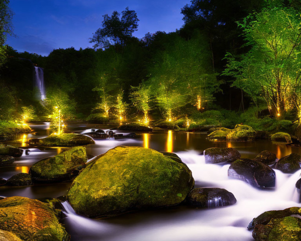 Tranquil twilight landscape with illuminated waterfall and river