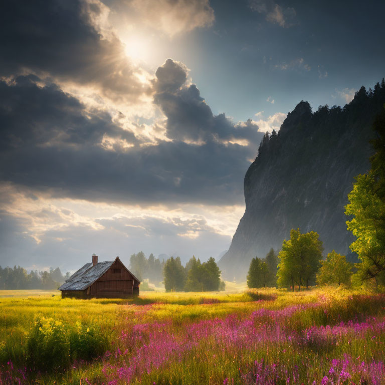 Sunlight on rustic cabin in serene meadow with wildflowers