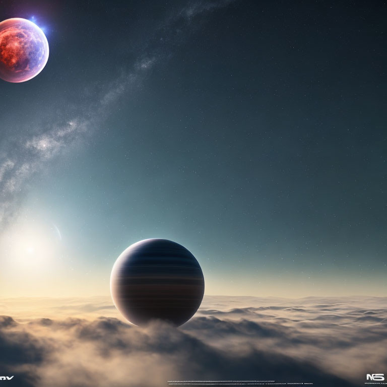 Gas giant planet dominates serene space scene with red planet and stars.