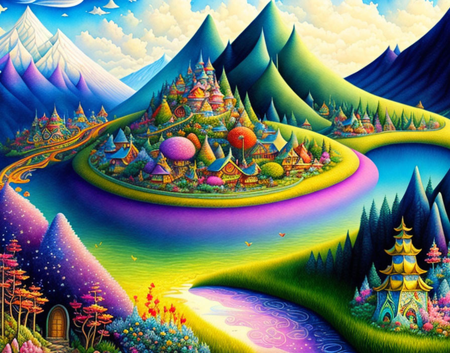 Colorful fantasy landscape with whimsical mountains and sparkling river