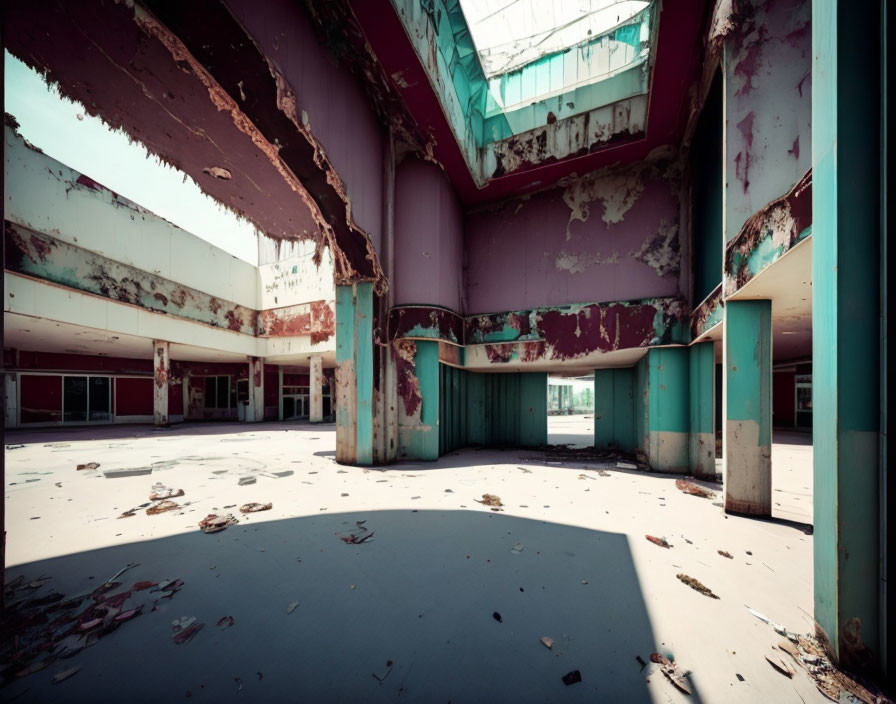 Decaying interior of abandoned building with peeling paint and scattered debris.