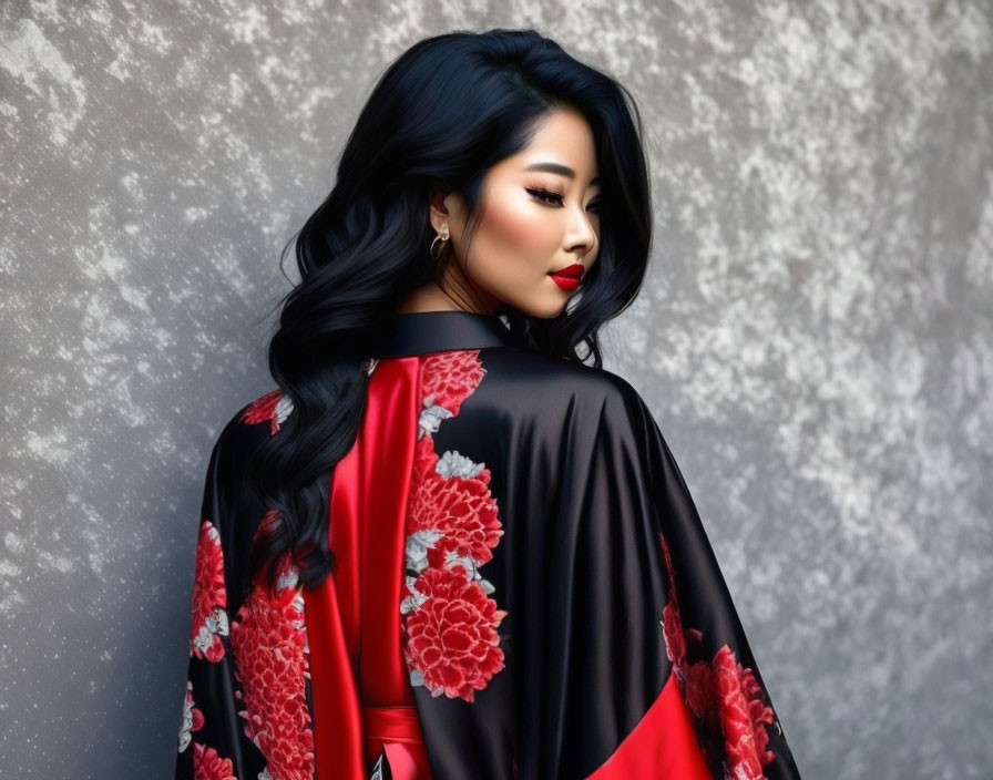 Woman with Long Black Hair in Red Lipstick and Floral Kimono on Grey Background