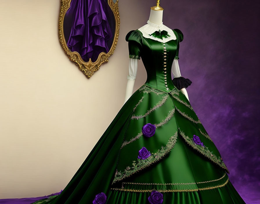 Victorian-style green dress with purple accents and floral decorations