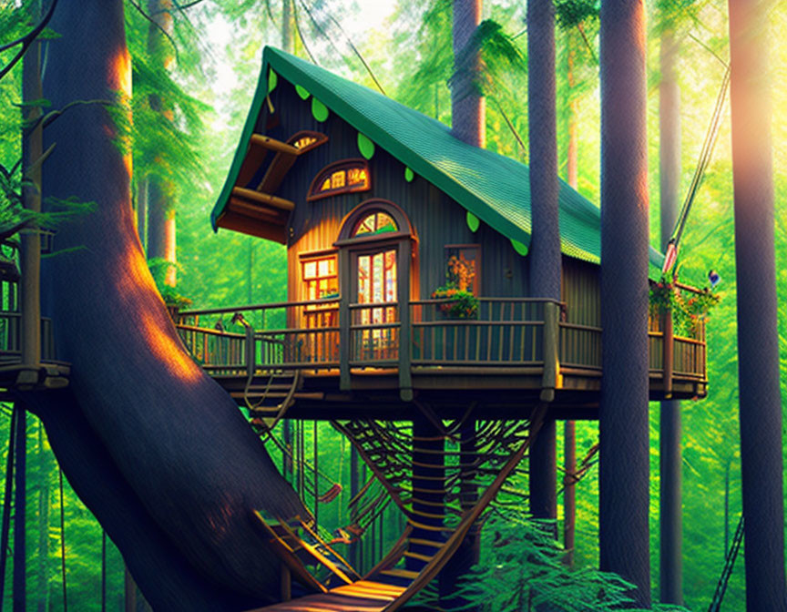 Cozy treehouse with wooden staircase in lush green forest