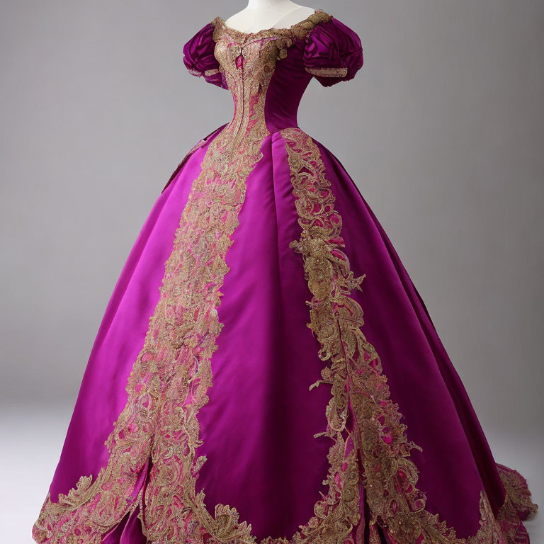 Purple historical dress with gold lace detailing on bodice and skirt