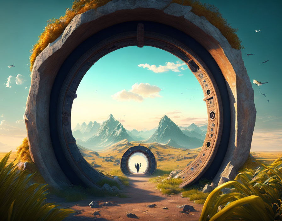 Giant circular stone portals in grassy landscape with mountains