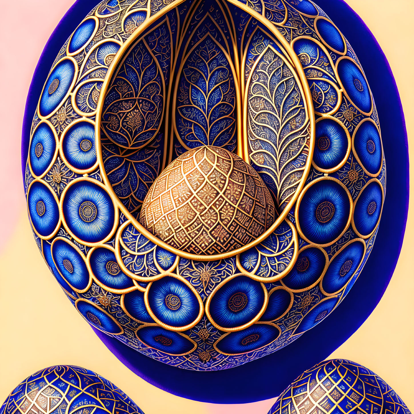 Colorful Digital Artwork: Golden Patterns on Blue Spheres