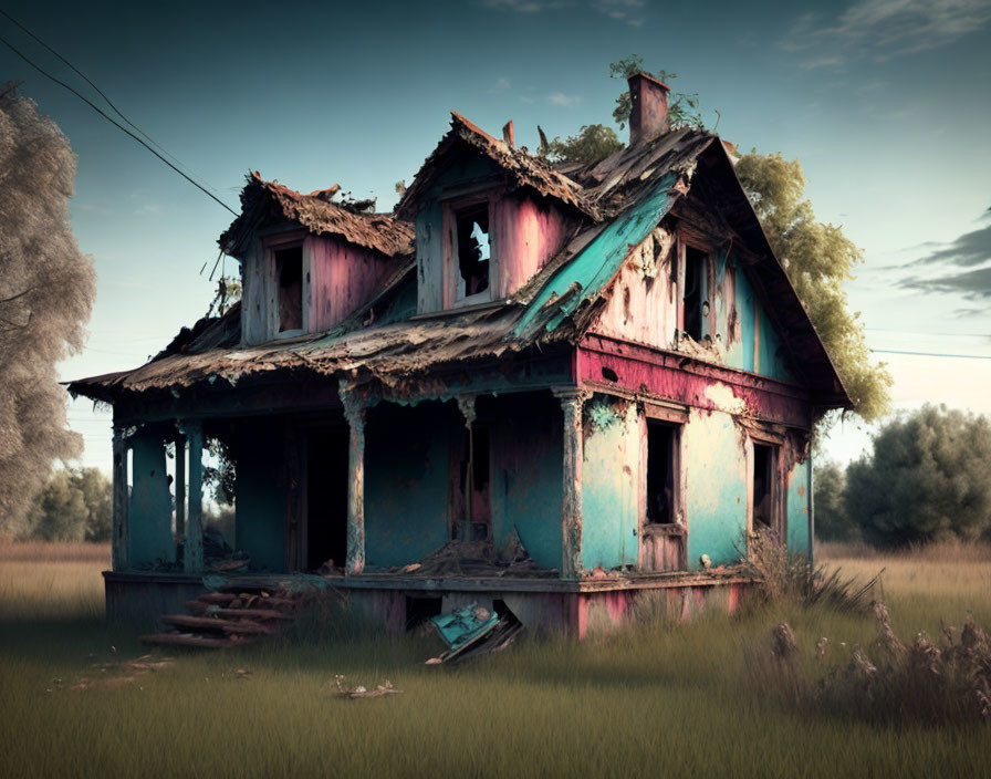 Abandoned two-story house with peeling paint and collapsed porch in overgrown grass.