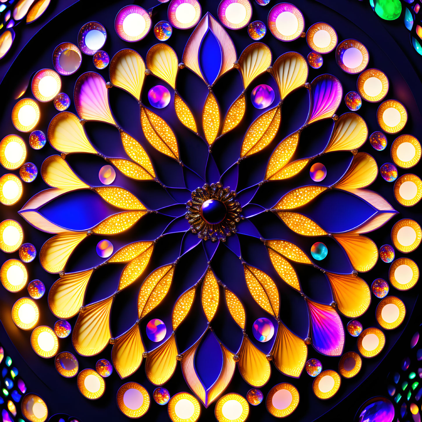 Symmetrical Purple, Yellow & Gold Glowing Digital Kaleidoscope Design