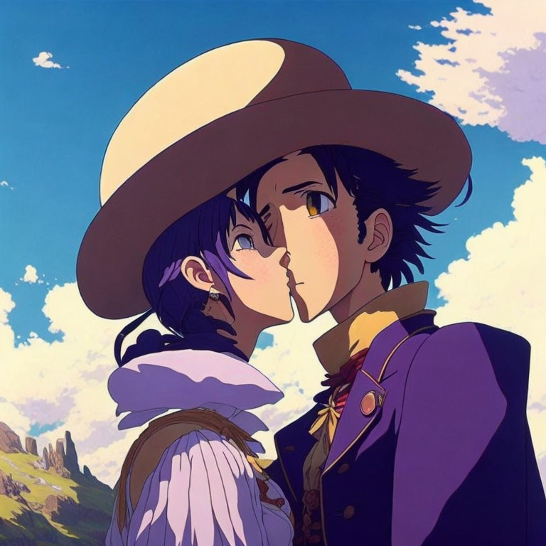 Anime characters in vintage clothing embrace under clear blue sky