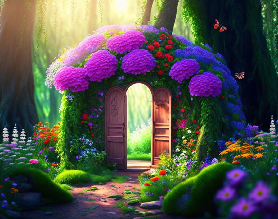 Enchanted forest scene with whimsical cottage and colorful flowers