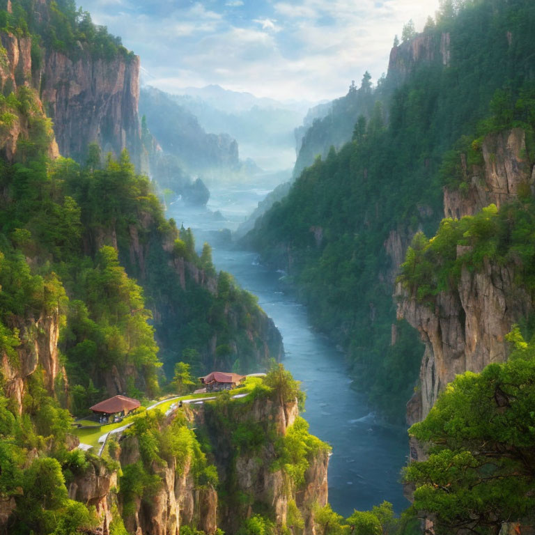 Majestic green canyon with river, pathway, and buildings nestled among lush trees