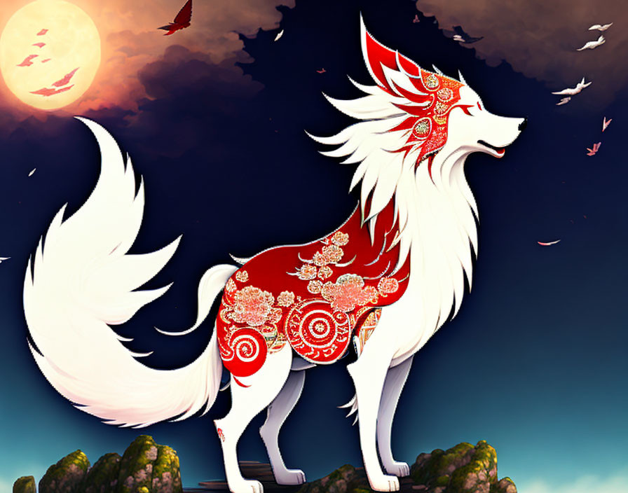 Mystical white fox with red markings under full moon