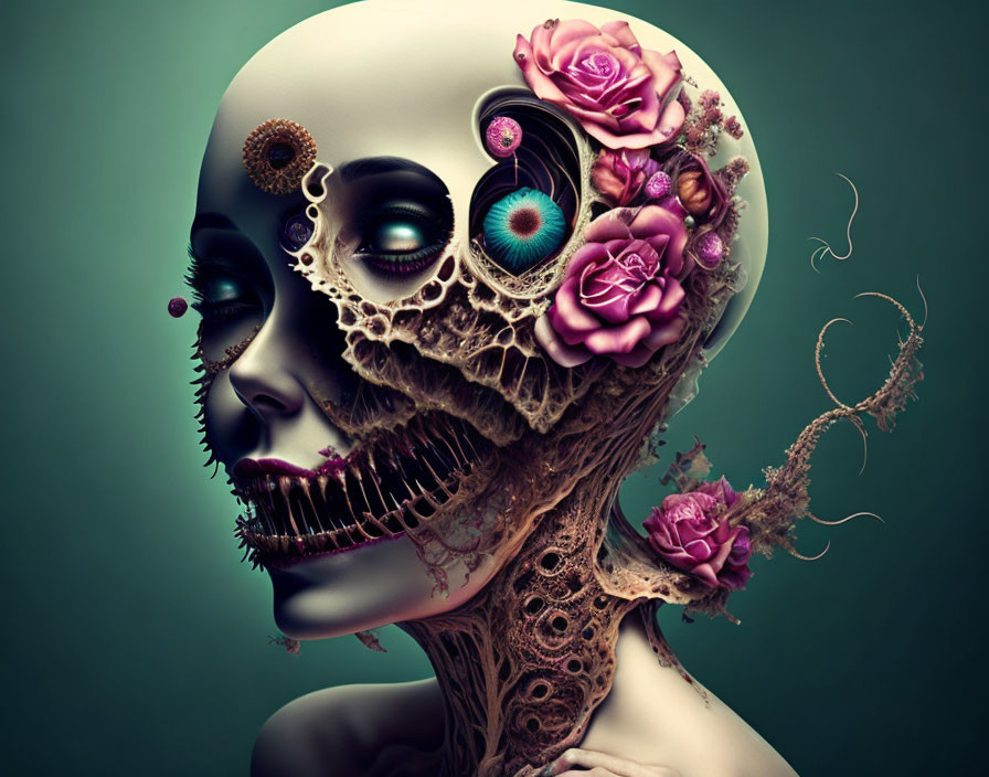 Half-human, half-mechanical skeleton woman with floral gears.