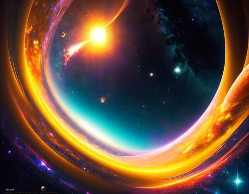 Colorful digital art: cosmic scene with galaxies, stars, and radiant sun