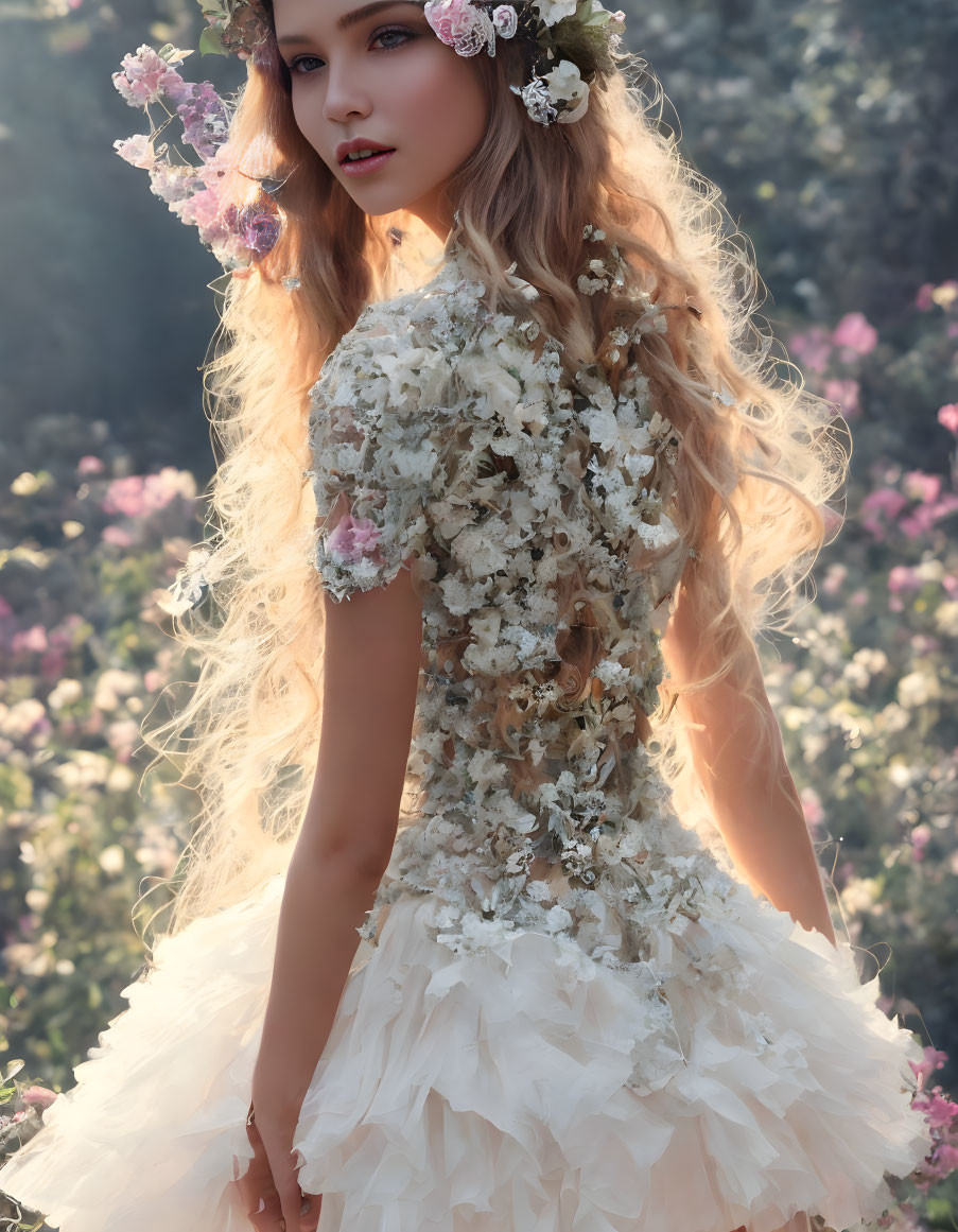 Woman with Long Curly Hair and Floral Dress in Garden