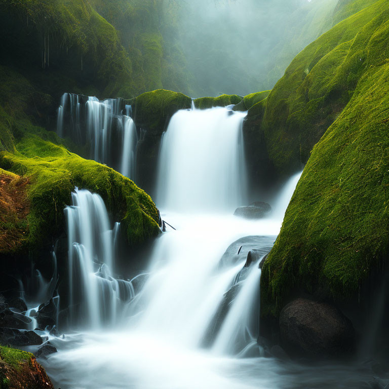 Tranquil waterfall over mossy rocks in mystical fog