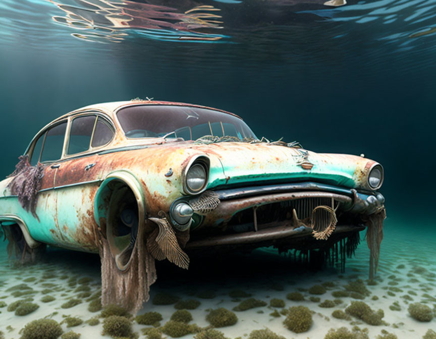 Rusty car submerged underwater with fish and seaweed