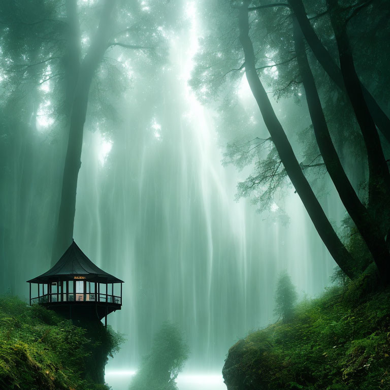 Sunlit Gazebo in Enchanted Forest with Fog and Tall Trees