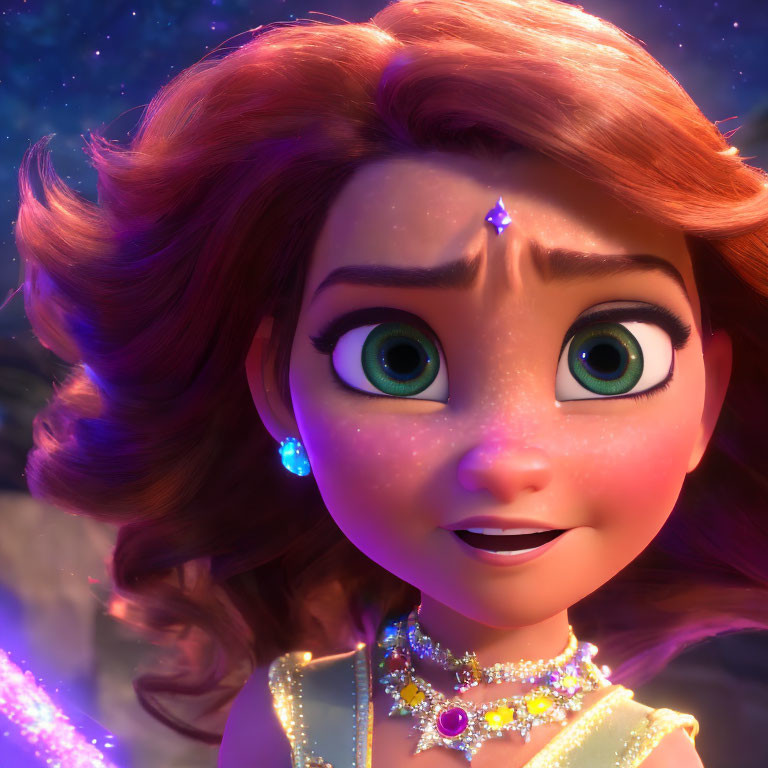 Detailed close-up of animated female character with green eyes, red hair, sparkling tiara, and glowing