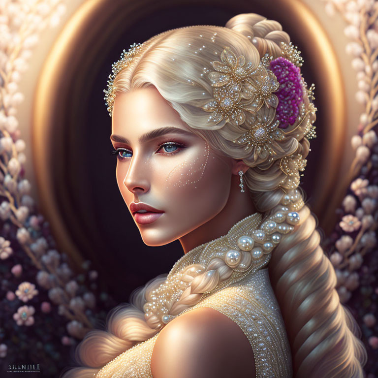 Detailed Illustration of Woman with Intricate Braided Hair and Floral Adornments