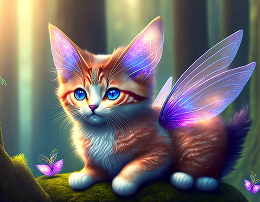 Orange kitten with blue eyes and butterfly wings in mystical forest.