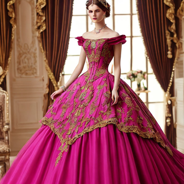 Opulent pink ballgown with golden embroidery in luxurious room