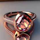 Rose Gold Ring with Amber Gemstone and Diamonds on Soft-focus Background