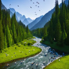 Scenic river valley with birds and mountains in clear sky