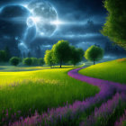 Vibrant night scene: large moon, yellow grass, purple flowers, trees, starry sky