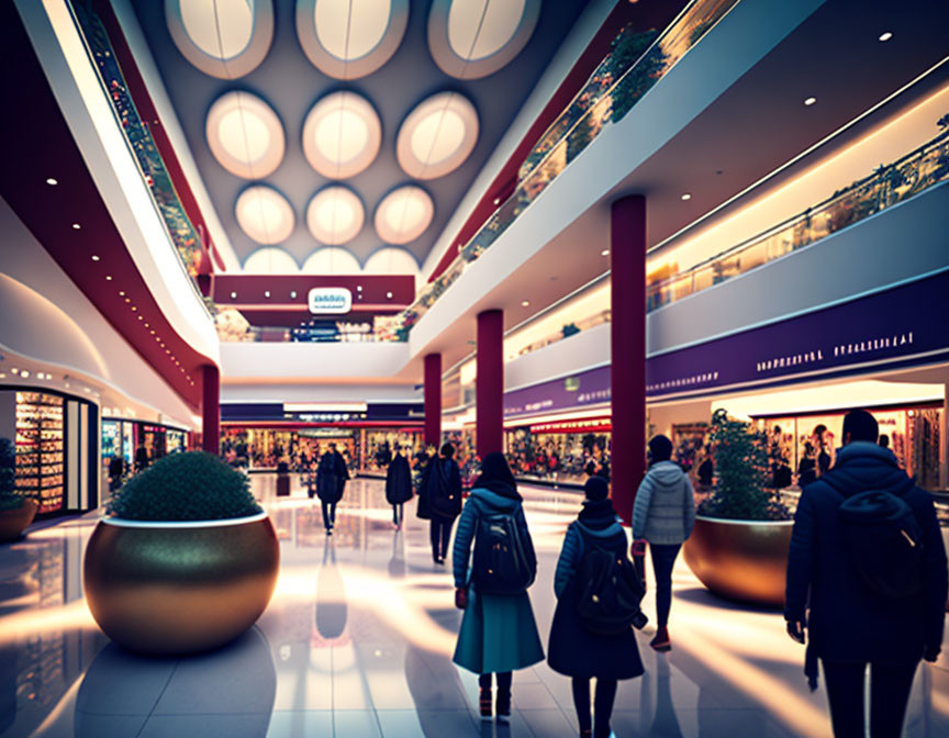 Modern shopping mall interior with shoppers, decorative spheres, and circular skylights.