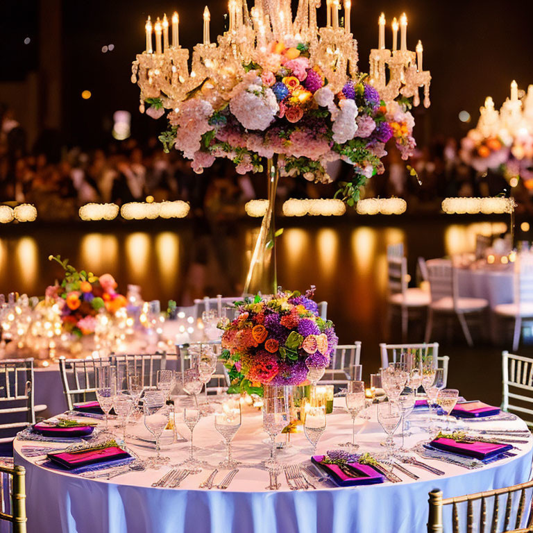 Formal event with floral centerpieces and crystal chandeliers on glossy floor