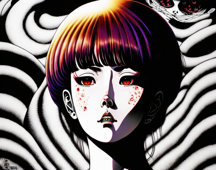 Illustration of woman with bobbed hair, vibrant highlights, swirling background, red speckles,