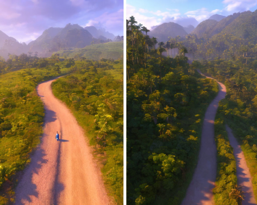 Biker on winding dirt path through tropical forest with mountains