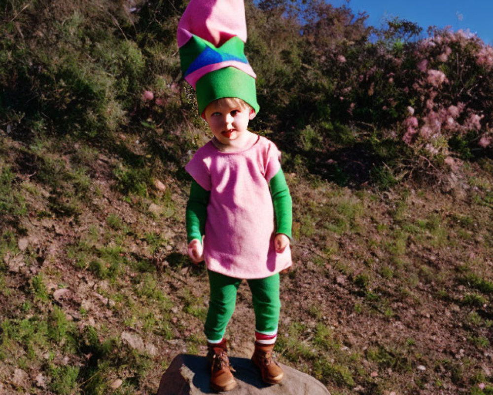 Colorful Elf Costume Child Outdoors on Rock