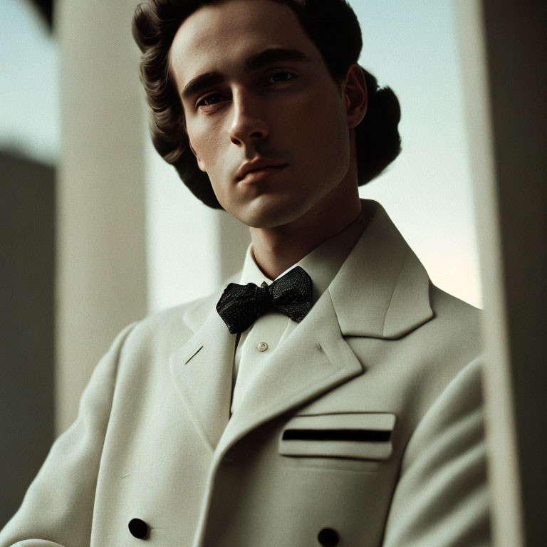 Elegant man in white tuxedo and black bow tie against soft-focus backdrop