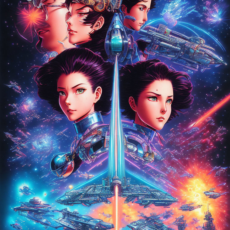 Dynamic Space Opera Illustration with Female Characters & Spaceships