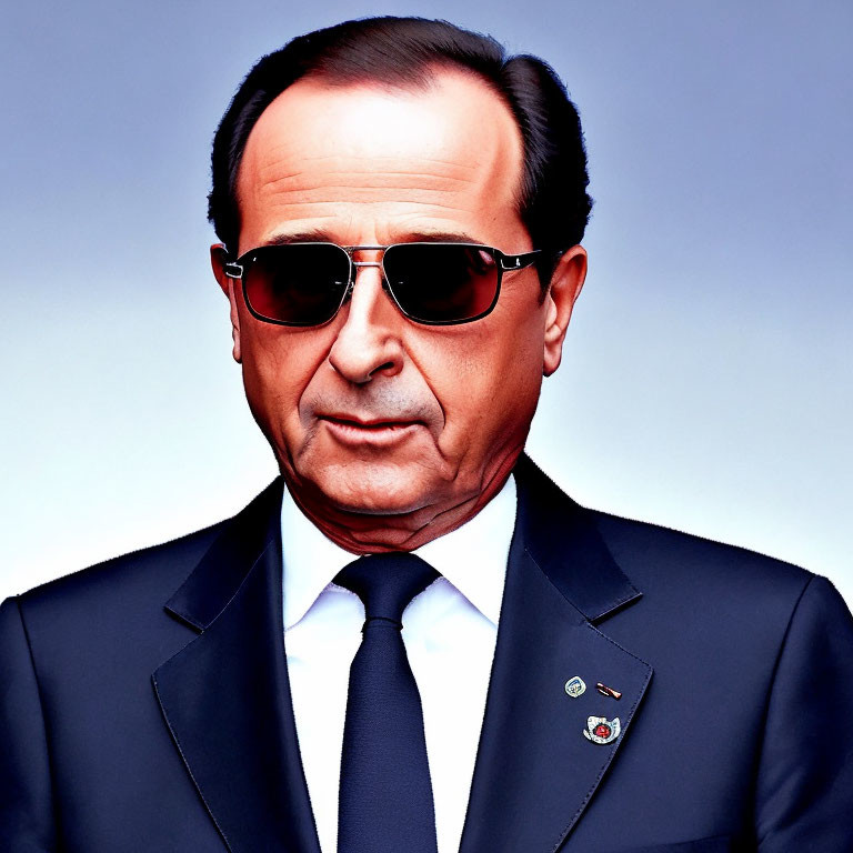 Man in sunglasses and dark suit with lapel pin caricature