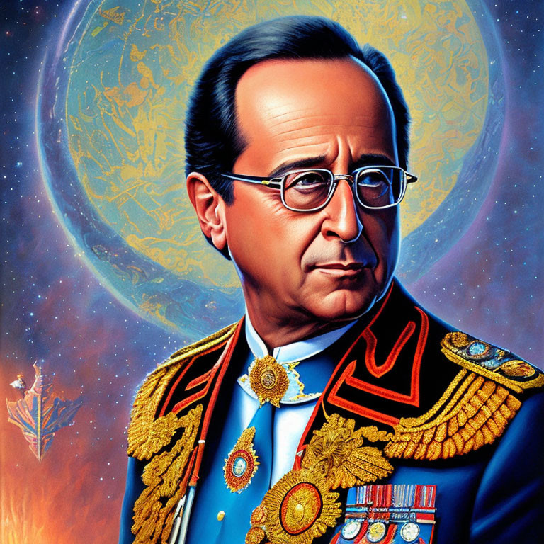 Man in Military Uniform with Medals in Cosmic Setting