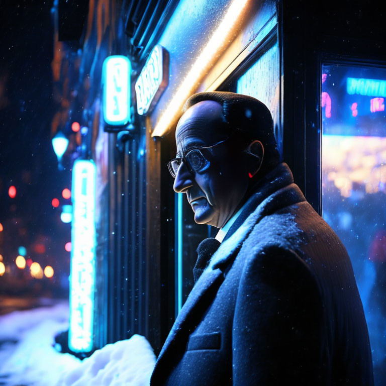 Realistic man statue in glasses and coat by neon-lit bar entrance on snowy night