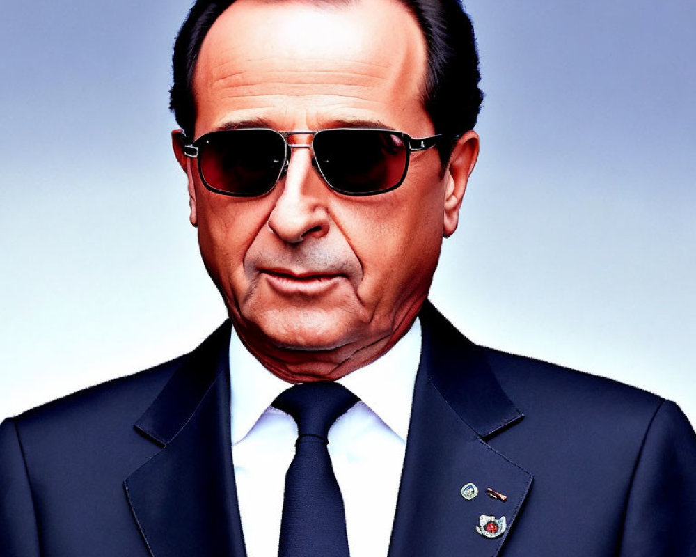 Man in sunglasses and dark suit with lapel pin caricature