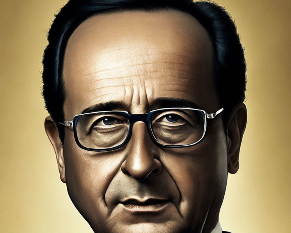 Man in Glasses Caricature: Dark Suit, Tie, Yellow Background