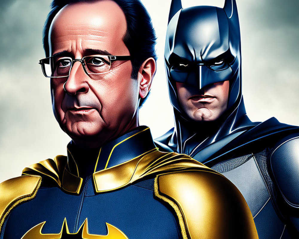 Man in glasses with serious expression and Batman figure on gradient background.