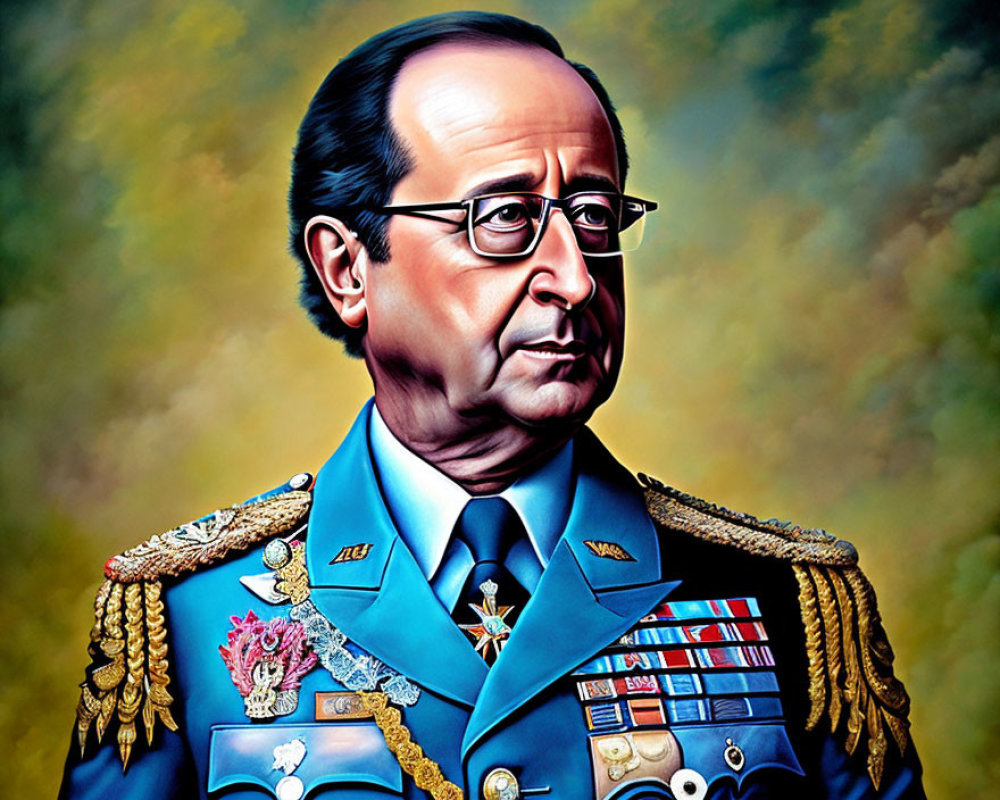 Vivid caricature of a man in military uniform with medals and glasses