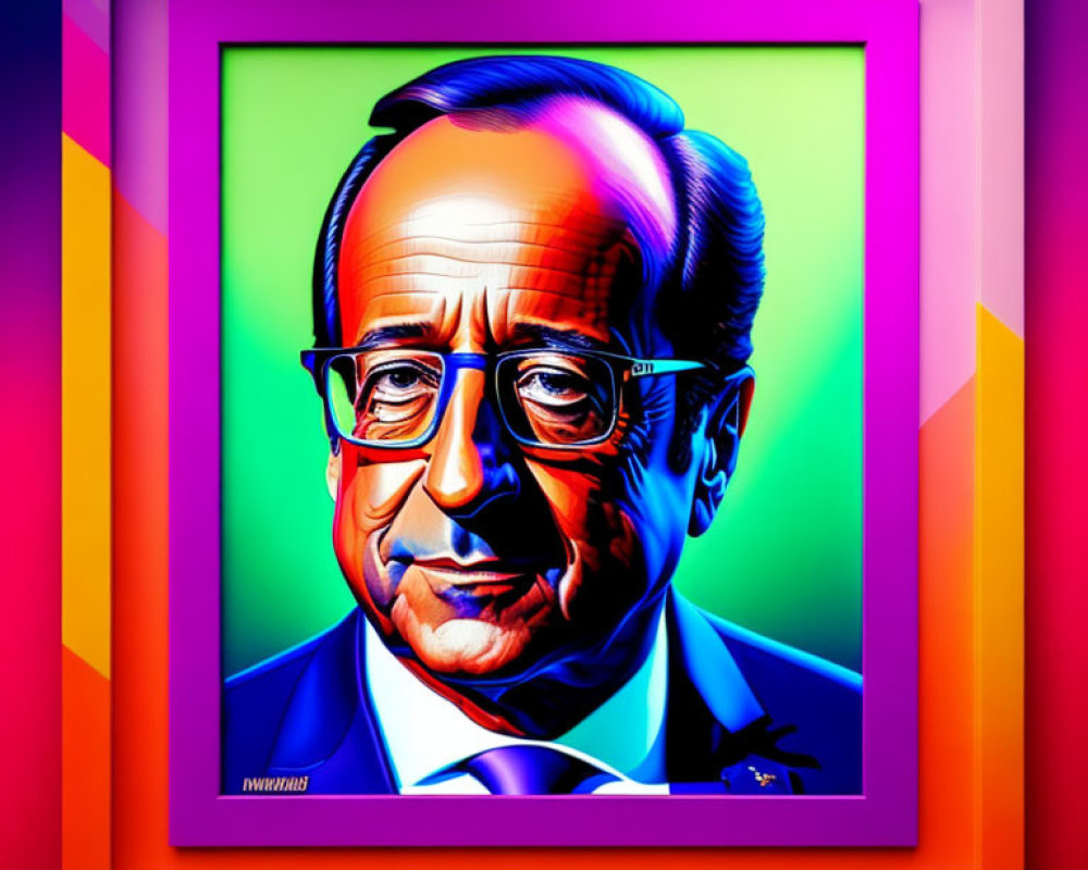 Vibrant portrait of a man in glasses with tie on colorful geometric backdrop in pink frame