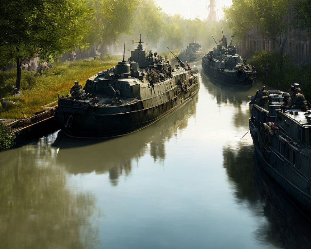 Military boats on calm river with trees and city architecture in background